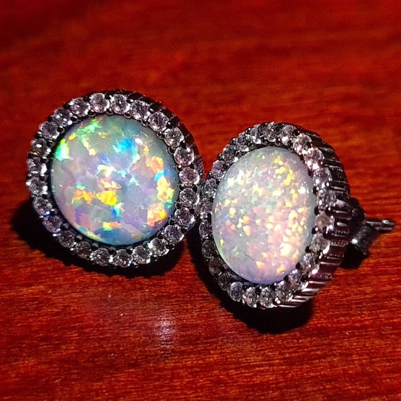Beautiful Fiery Sterling Silver Ethiopian Opal Stud Earrings 12mm Beautiful Fiery Sterling Silver Ethiopian Opal Stud Earrings 12mm