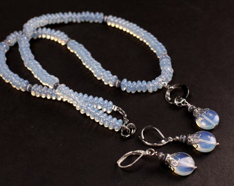 Impresionante collar de opalita estilo victoriano de 6,5 mm con espaciador de ojo de gato y aretes a juego.