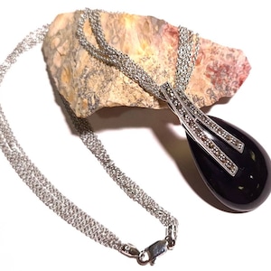 Marcasite 925 Sterling Silver Black Onyx Teardrop Pendant Necklace with 5 Line Rhodium Non Tarnish Sterling Chain 20x44mm Vintage, Antique