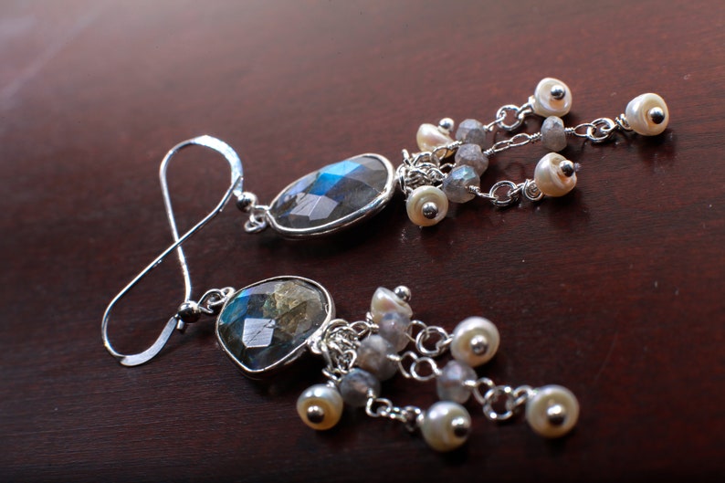 Natural Labradorite Oval Free Form Bezel and Fresh Water Pearl Labradorite Clusters in .925 Sterling Silver Earrings