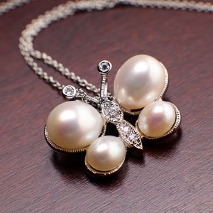 925 Sterling Silver CZ Diamond South seashell Pearl Butterfly pendant with Sterling Silver Rhodium Chain Necklace gift ,925 stamped