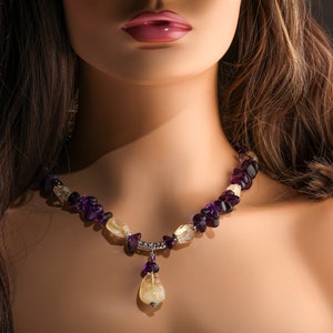 Natural Amythest and Citrine Free Form Tumbled bead Necklace, Citrine Pebble Pendant Necklace, Natural Healing Gemstone 18.5&quot; plus 2.5&quot;exten