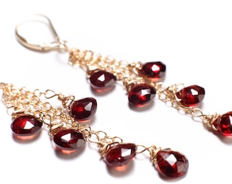 Pendientes de corazón facetados de granate auténtico de Mozambique, cascada de lágrima rojo merlot, colgantes con alambre envuelto en oro laminado de 14 quilates o plata de ley 925.