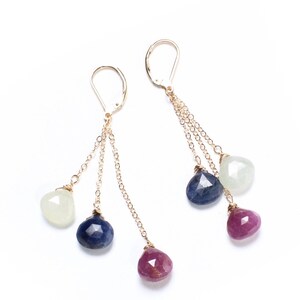 Natural Multi Sapphire Dangling Wire Wrapped Teardrop Briolette Gemstone Earring 925 Sterling Silver Chain & Earwire,Also in 14K Gold Filled