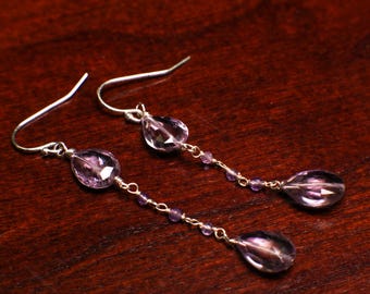 Genuine Pink Amethyst concave cut Faceted Teardrop, cut gemstone Wire Wrapped amethyst chain  in 925 Sterling Silver earrings