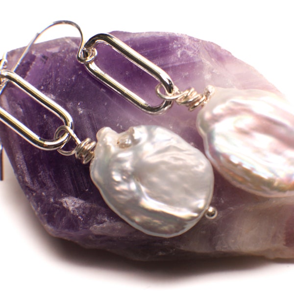 Natural Freshwater Coin Pearl 18mm large size  Dangling Paper Clip Link 925 Sterling Silver Earrings