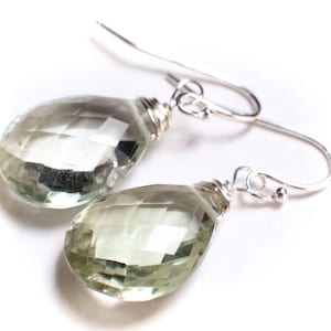 Genuine Green Amethyst Prasiolite Faceted Teardrop cut gemstone AAA Earrings, 10x14mm drop in 925 Sterling Silver, 14k goldfilled Earwire