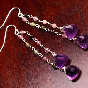 Natural Amethyst Trillion 8mm faceted dangling with Watermelon Tourmaline 925 sterling silver Earrings Handmade Gift
