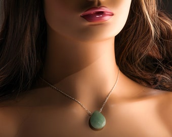 Green Aventurine Natural Gemstones Faceted large Pear Drop 22x30mm in 925 Sterling Silver or 14K Gold Filled Chain