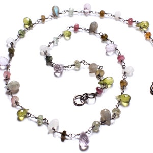 Multi Gemstone Faceted Briolette Rondelle Wire Wrapped Oxidized Silver Necklace, Peridot, Labradorite, Moonstone, Tourmaline, Pink Amethyst