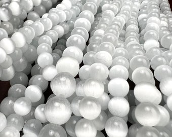 Oeil de chat blanc perles rondes lisses de sélénite pour la fabrication de bijoux perles d'oeil de chat 6mm 8mm 10mm 15" brin complet