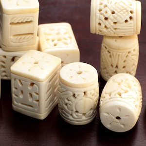 Carved Buffalo Bone White Rectangle Box Shape, Barrel Shape Carved Dragon 26-28x35mm, Hollow Drilled Bead, Art Deco