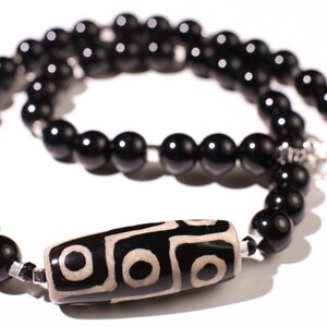 Black Onyx 10mm round bead with Tibetan Evil Eye Agate  16x40mm Puffed Oval center piece  Necklace, protection, Man and Woman gift