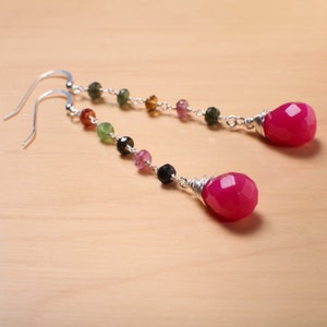 Watermelon Tourmaline Wire Wrapped Dangling Fuchsia Hot Pink Quartz in 925 Sterling Silver Earwire, Handmade  Gift For Her
