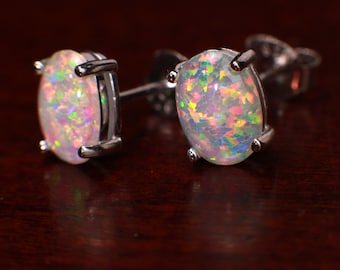 Ethiopian Welo Opal Stud Earrings, Sterling Silver, AAA Quality