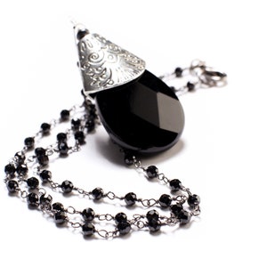 Black Spinel Diamond Cut Necklace with Oxidized Silver Teardrop, Large Bali Style Cap, Black Onyx Pear Drop Pendant Necklace