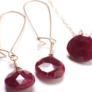 Ruby Necklace Set, Genuine Ruby Faceted 12mm Heart Briolette Teardrop Earrings and Necklace in 14K Gold Filled Cable Chain & Kidney Earwire