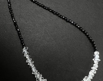 Black Spinel 2mm Beads with Herkimer Diamond 4x5.5-6.5mm Double Terminated in 3" AAA High Quality Raw Diamond 925 Sterling Silver necklace