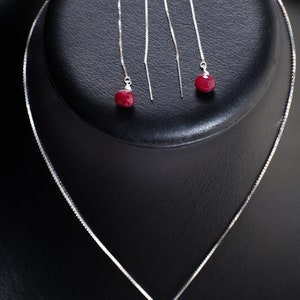 Ruby Necklace Set, Genuine Ruby Drop Briolette Onion Shape and 5" Long Threader Earrings in 925 Sterling Silver Box Chain Necklace