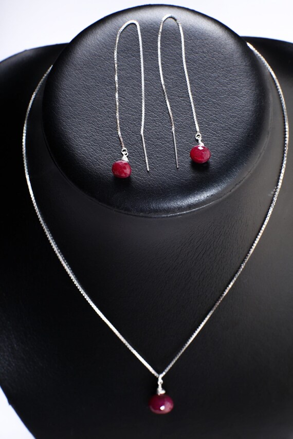 Ruby Necklace Set, Genuine Ruby Drop Briolette On… - image 3