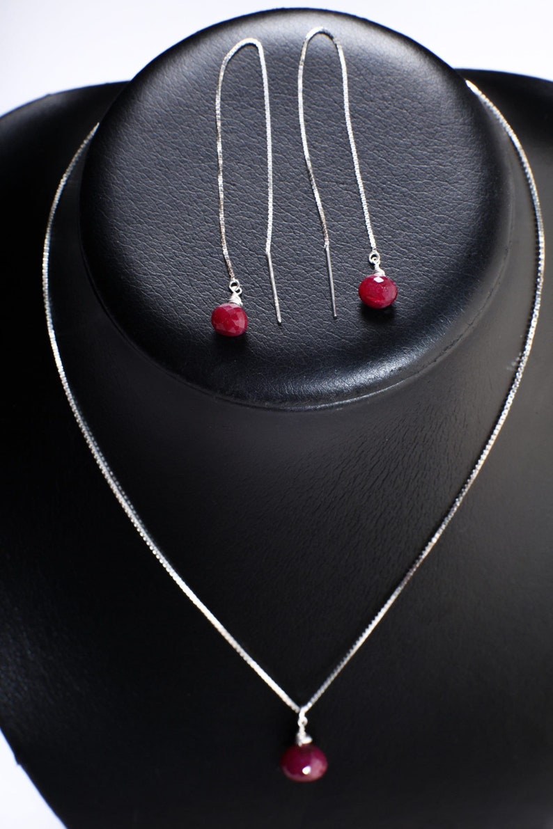 Ruby Necklace Set, Genuine Ruby Drop Briolette Onion Shape and 5" Long Threader Earrings in 925 Sterling Silver Box Chain Necklace