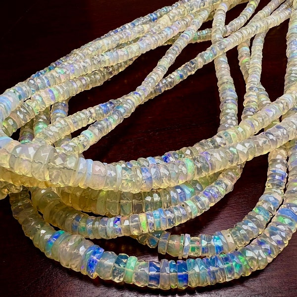 Genuine Ethiopian Fire Opal , Welo Opal 3.5-7.5mm faceted Graduated heishi wheel roundel, AAA quality fiery Opal .8”,16” strand