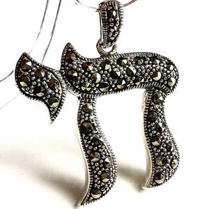 Vintage Marcasite 925 Sterling Silver Chai Pendant with 925 Sterling Silver snake Chain necklace, 925 stamped, In Life, good luck.