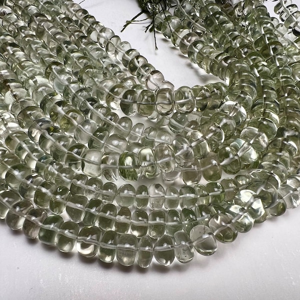 Green Amethyst Prasiolite smooth tyre 7-8mm wheel roundel beads light green Green Jewelry Making Gemstone Beads 8” strand