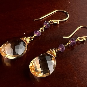 AAA Citrine Cut Stone Pear Drop 12x16mm, 4mm Faceted Amethyst Wire Wrapped in 14K Gold Filled Earrings, Soothing Gem, November Birthstone