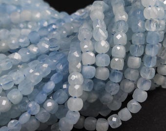 Natural Aquamarine Gemstone Sky Blue Faceted 4mm Square Cube Shape, shaded Aquamarine, Jewelry Making 12" strand.High quality