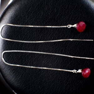 Ruby Necklace Set, Genuine Ruby Drop Briolette Onion Shape and 5" Long Threader Earrings in 925 Sterling Silver Box Chain Necklace