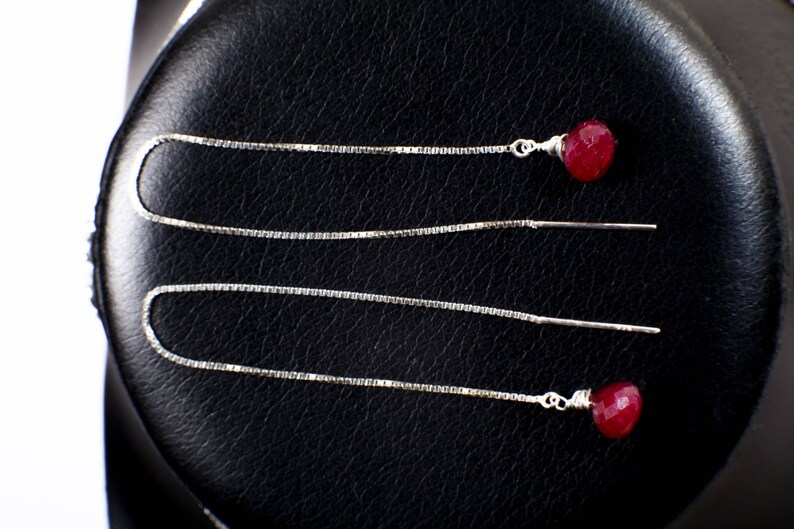 Ruby Necklace Set, Genuine Ruby Drop Briolette Onion Shape and 5" Long Threader Earrings in 925 Sterling Silver Box Chain Necklace
