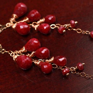 Genuine Ruby faceted 5x7-7x9mm Briolette Cascade 14k Gold Filled Leverback Earrings, Valentine, Bridesmaid, Birthday handmade precious gift.