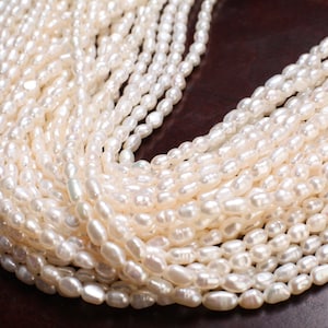 Pode incluir: Um fio de pérolas de água doce de forma oval e cor branca. As pérolas são enfiadas em um fio transparente e estão dispostas em um padrão solto e fluido.