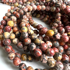 Leopard skin Jasper 4mm smooth Round Beads, Jewelry Making Gemstone Beads, Necklace, Bracelet 16&quot; Strand. Beautiful natural pattern beads