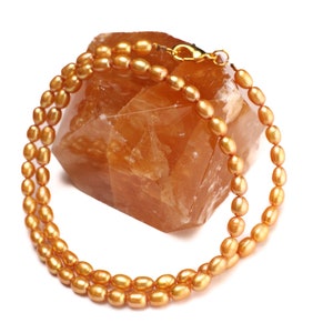 Perla amarilla dorada de agua dulce natural 4x6 arroz ovalado AAA collar de perlas de alto brillo, gargantilla, capas, regalo de vacaciones de perlas naturales minimalistas
