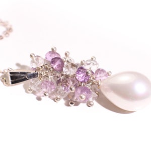 South Seashell Pearl Briolette 13x18mm with Gemstone Clusters Amethyst, Rock Crystal in 925 Sterling Silver Chain Necklace, Minimalist gift