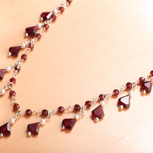 Genuine Garnet Faceted Merlot Red Silver Clusters and Dangling 5x7mm Triangular Garnet Freshwater Pearl 925 Sterling Silver Clasp, Bridal.