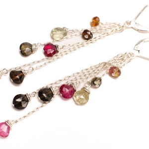 Watermelon Tourmaline Dangling Wire Wrapped Teardrop Briolette Gemstone Earring 925 Sterling Silver Chain & Leverback, Handmade,Gift for her