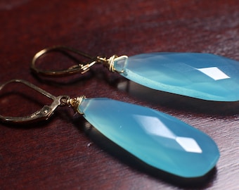 Sky Blue Chalcedony 9.5x25mm Briolette Teardrop, 925 Sterling Silver or Gold Filled in Earwire or Leverback, Boho, Gemstone Jewelry Gift