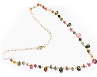 Genuine Watermelon Tourmaline Wire Wrapped Pear Drop 4x6-5x7mm Necklace in 14K Gold Filled Chain, Clasp, Valentine Gift, Jewelry for her
