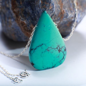 Genuine Tibetan Spiderweb Turquoise Double Sided Teardrop Gemstone Briolette Pear Shape Pendant 925 Sterling Silver Chain 18&quot; Gift For Her