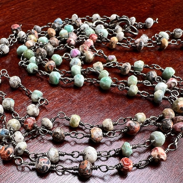 Natural African Turquoise  Silver Oxidized Faceted Natural Precious Gemstone rosary Chain High Quality Layer Finished Necklace