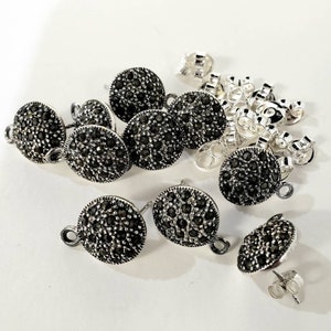 Vintage Marcasite 925 sterling silver 12mm disc earrings post, antique earrings making findings 1 pair, 3 pairs