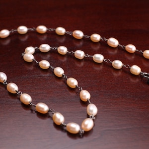 Genuine Freshwater pink Pearl  potato oval good luster Oxidized silver wire wrapped handmade necklace.Choker Layering prom bridal gift