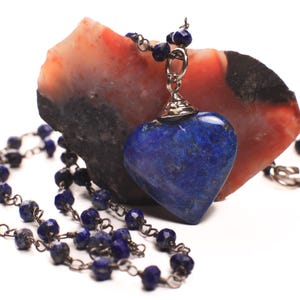 Natural Lapis Lazuli 3mm Faceted Chain, Dangling 21mm lapis Lazuli heart black oxidized  Elegant simple Necklace, gift