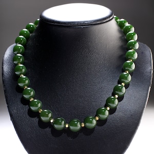Canadian Nephrite Jade 12mm 18&quot;Gold Necklace with 3&quot; Extension Chain. High Quality Natural Jade smooth polished Bead. Gift for Mom