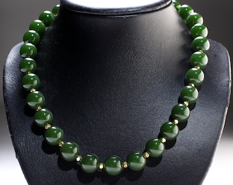 Canadian Nephrite Jade Necklace 12mm Gold Electroplated Elegant natural gemstone gift