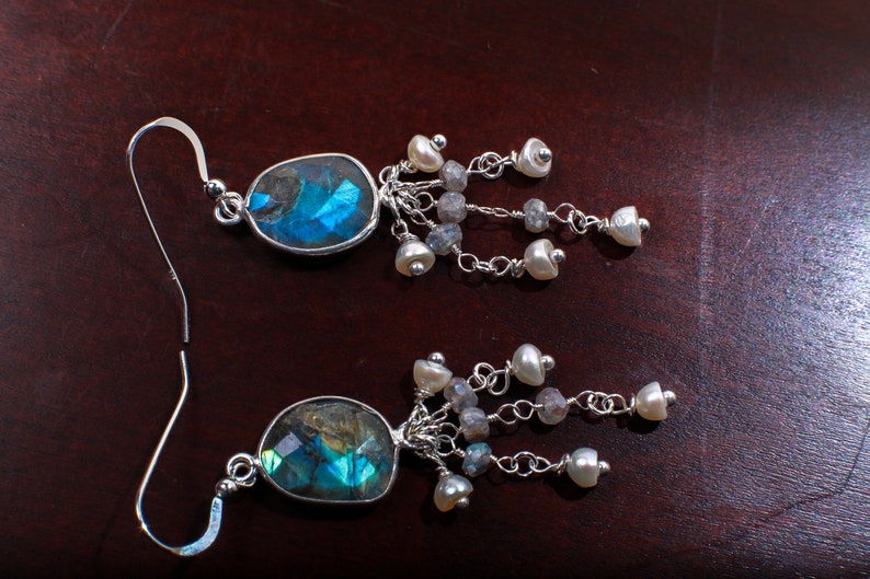 Natural Labradorite Oval Free Form Bezel and Fresh Water Pearl Labradorite Clusters in .925 Sterling Silver Earrings