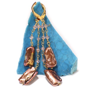 Freshwater Copper Keshi  Stick Pearl Wire Wrapped Crystal Rondelle Dangling Gold Leverback Earrings, natural Boho, Beachwear, Handmade Gift